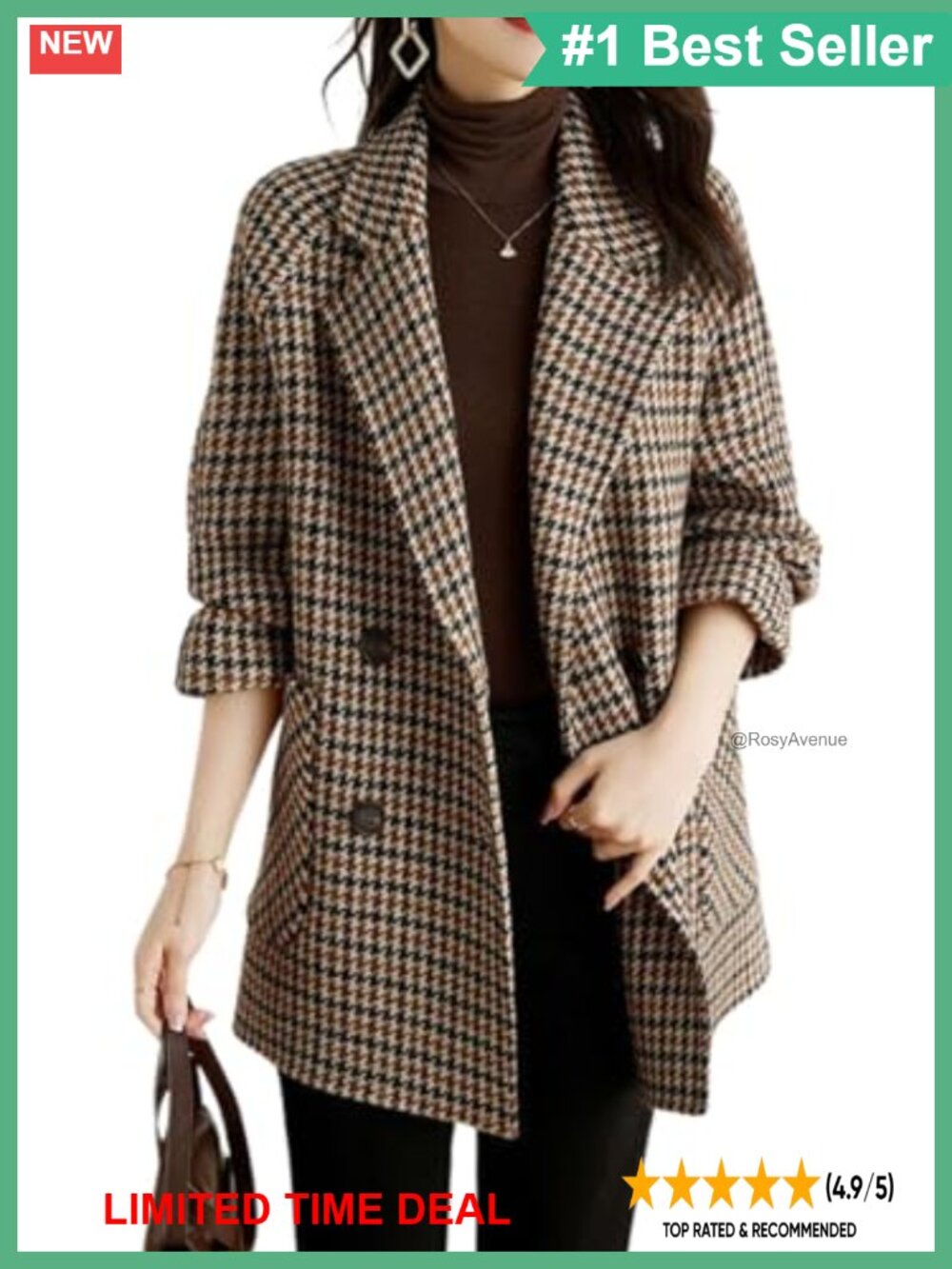 Womens Notched Lapel Double Breasted Houndstooth Wool Blend Pea Coat